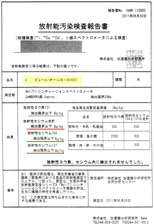 放射性セシウム527ベクレルの水をピュールオーに通した後のデータ